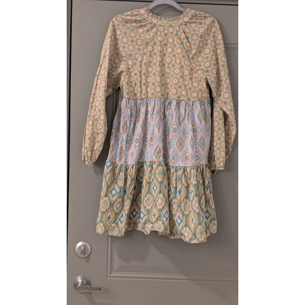 Women's Jessica Simpson Long Sleeve Dress S Gold Blue Patterned - Picture 4 of 7
